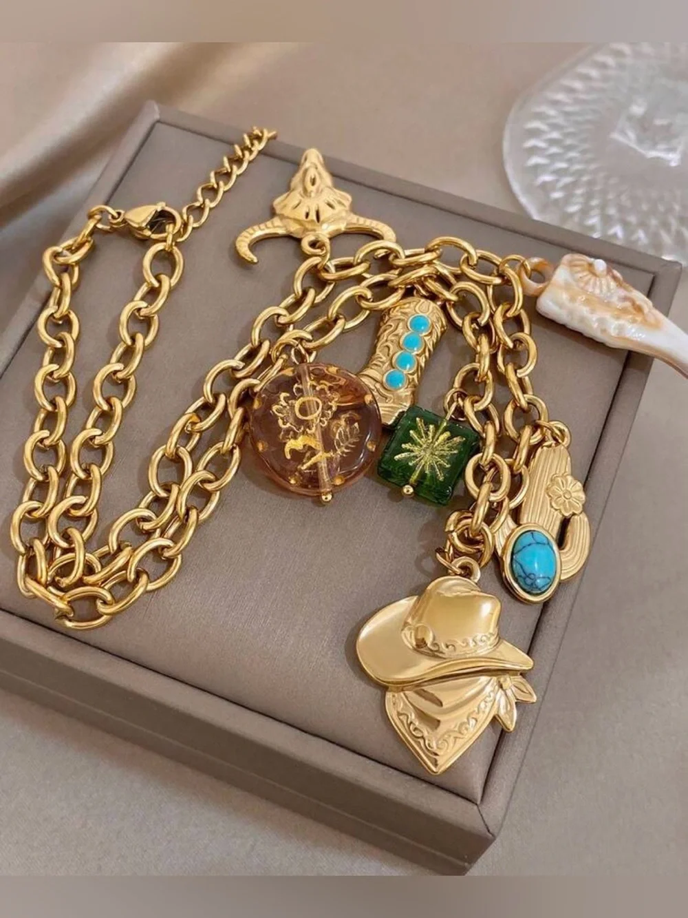 Gold Western Charm Necklace with Turquoise Accents